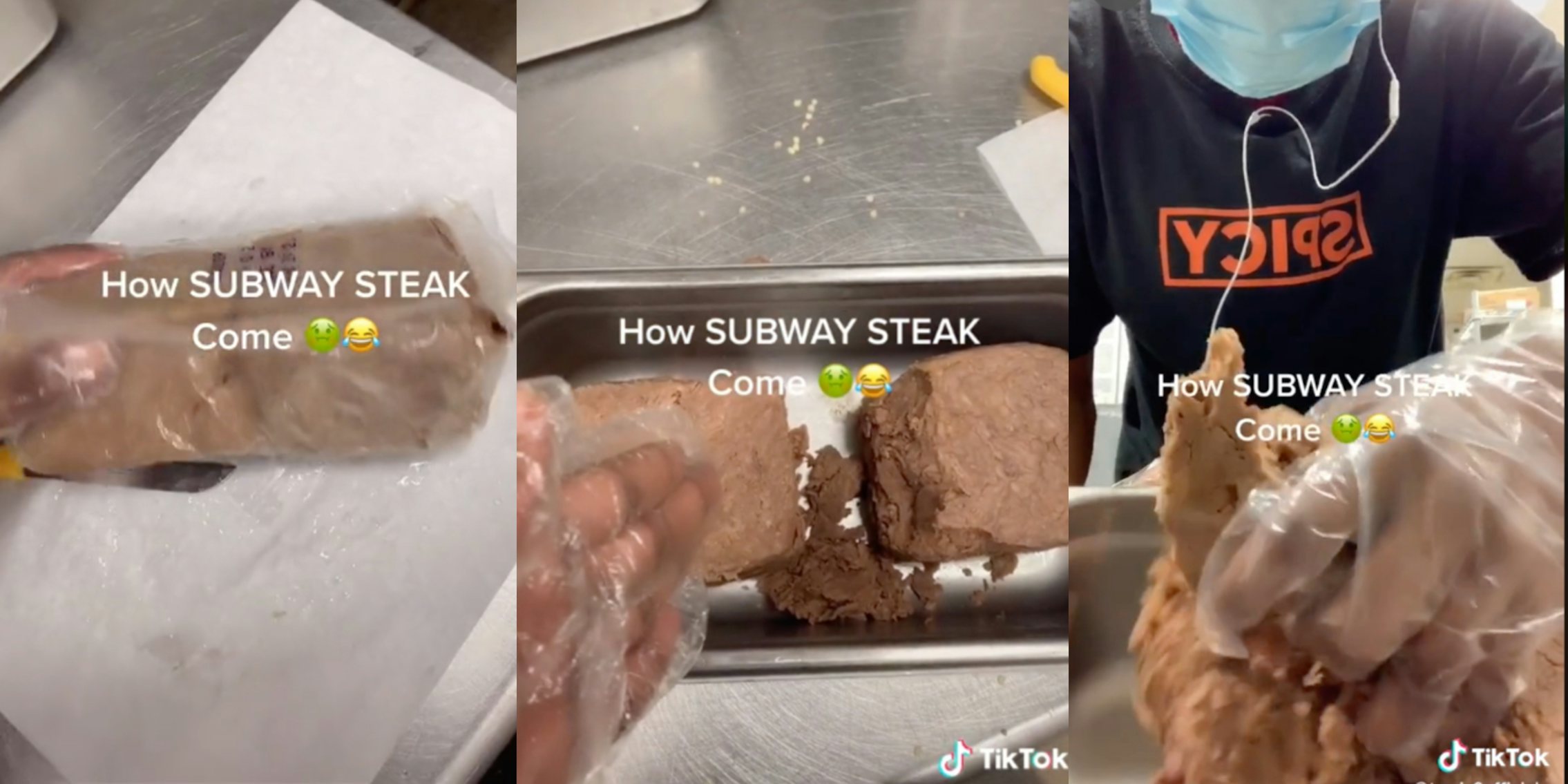 Subway steak in cube wrapped, Cut up cube of subway steak, Subway worker mashing up chunk of subway steak