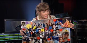 taylor swift holding mood board with stephen colbert's face all over