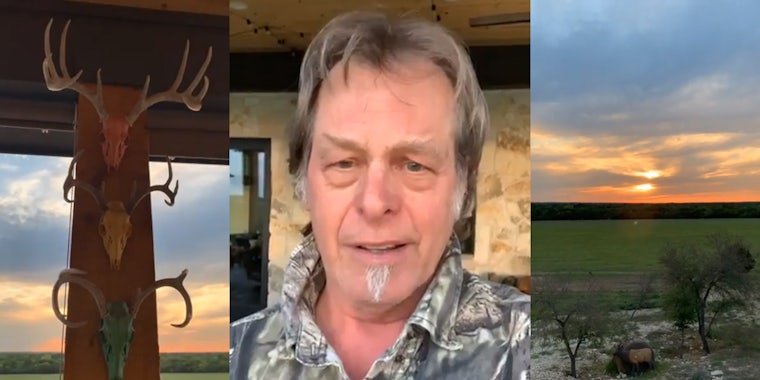 animal skulls on a post (l) ted nugent announces he had COVID-19 (center) sunset over a forest and field (r)