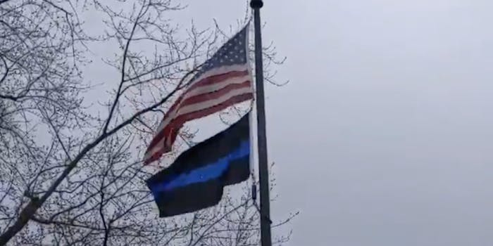 A Thin Blue Line flag at the Brooklyn Center Police Department