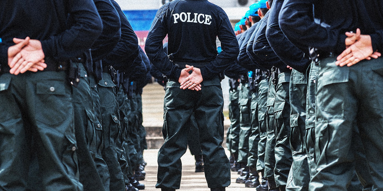 Police officers standing in formation.