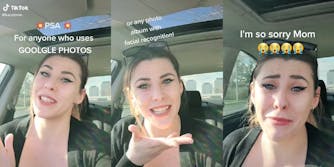 woman in car "PSA For anyone who uses GOOLGLE PHOTOS or any photo album with facial recognition! I'm so sorry Mom" with crying face emoji