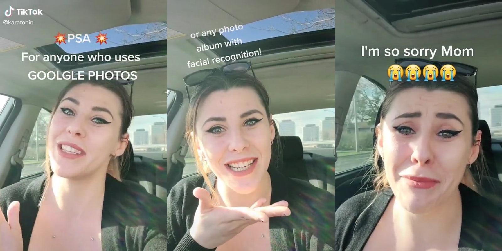 woman in car 'PSA For anyone who uses GOOLGLE PHOTOS or any photo album with facial recognition! I'm so sorry Mom' with crying face emoji