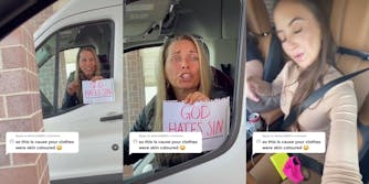 woman in van with paper "god hates sin" sign