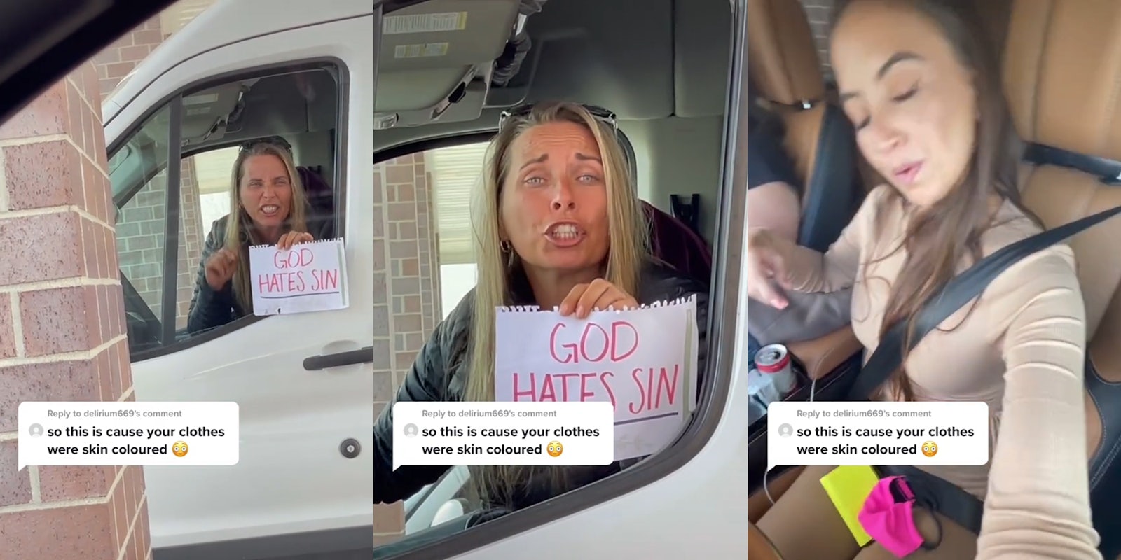 woman in van with paper 'god hates sin' sign