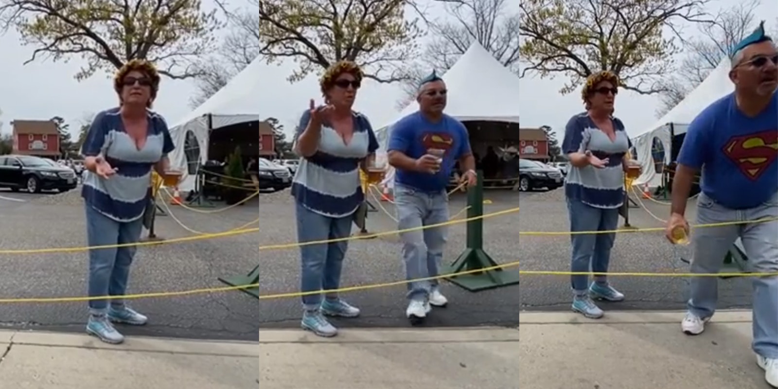 man walks up behind woman and throws beer at someone off-camera