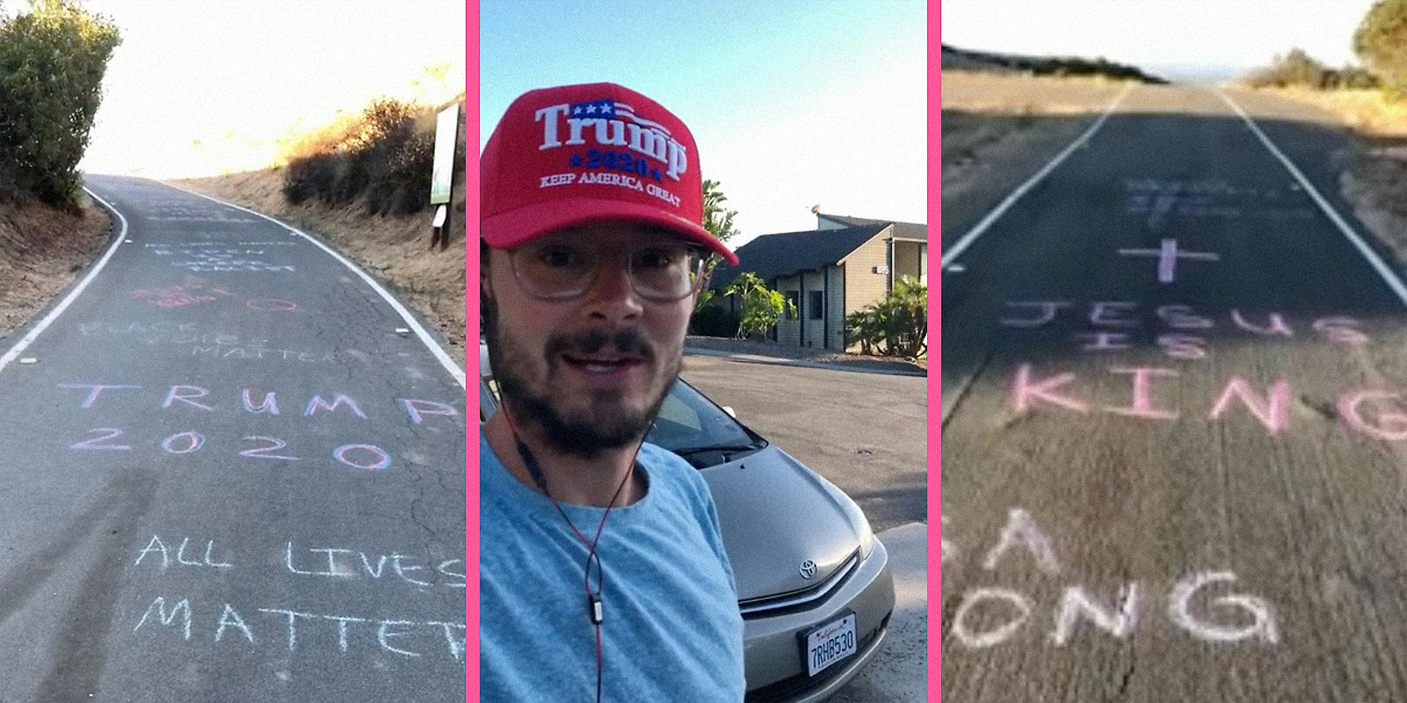 A man walking along a sidewalk with chalk writing on it.