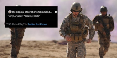 A tweet next to a special forces soldier
