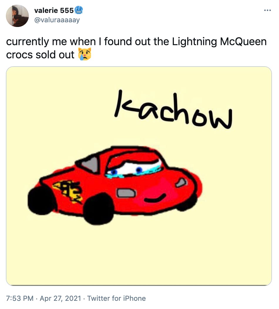 'currently me when I found out the Lightning McQueen crocs sold out Crying cat face' badly drawn digital image of Lightning McQueen crying and saying kachow