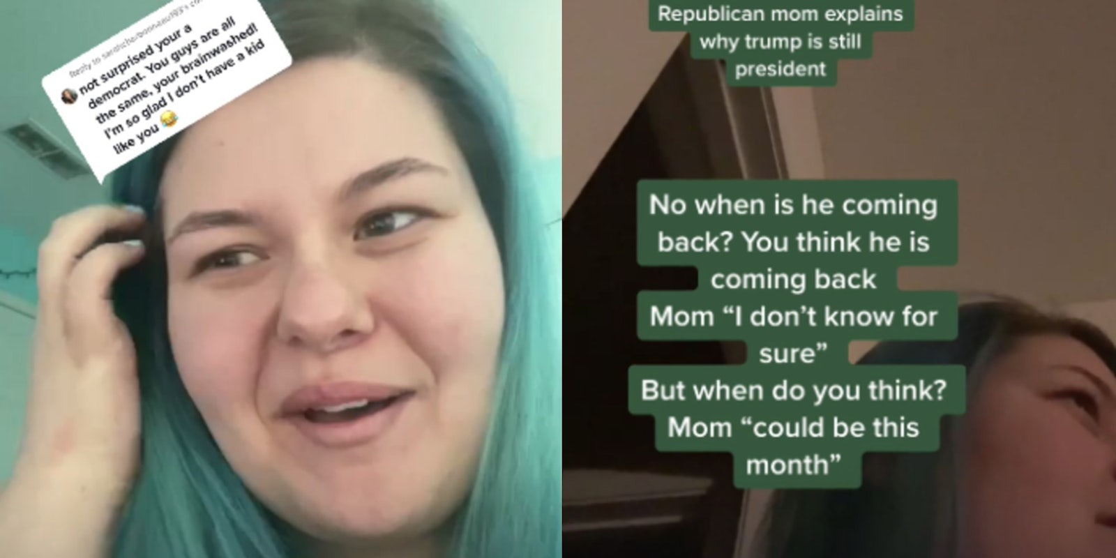 A TikTok user discussing her mother's conspiratorial beliefs