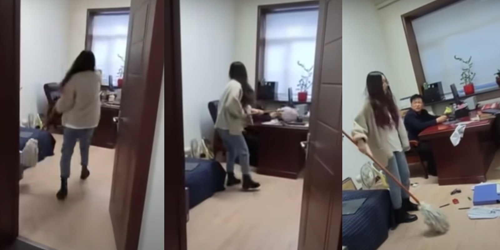 video shows woman beating boss with mop