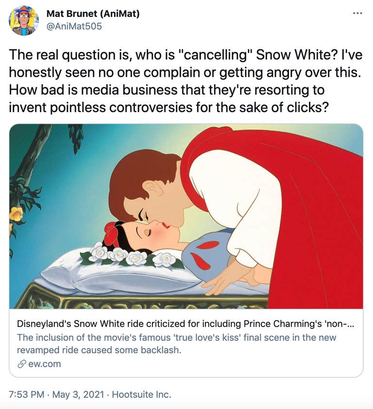 The real question is, who is "cancelling" Snow White? I've honestly seen no one complain or getting angry over this. How bad is media business that they're resorting to invent pointless controversies for the sake of clicks?