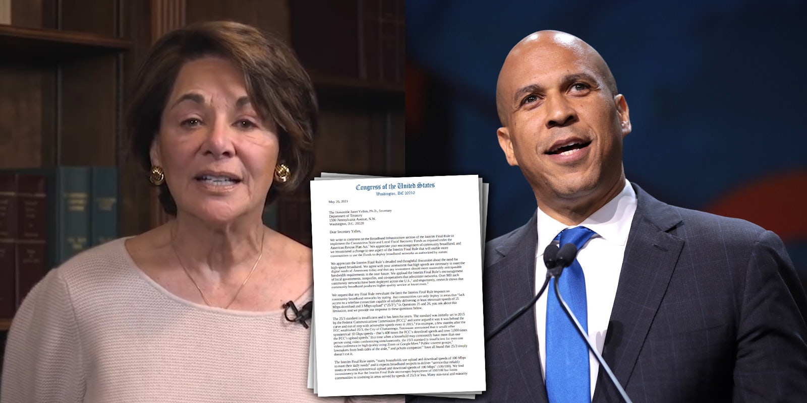 A side by side of Rep. Anna Eshoo and Sen. Cory Booker. Between them is a letter they signed with other lawmakers urging the Treasury to update the criteria to be eligible for broadband funding.