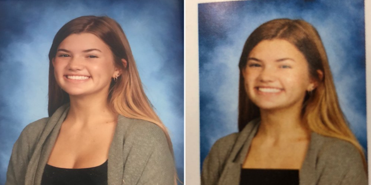 Side by side image of a yearbook photo of a ninth grader at Bartram Trail High School where the neckline of her shirt was raised to cover cleavage
