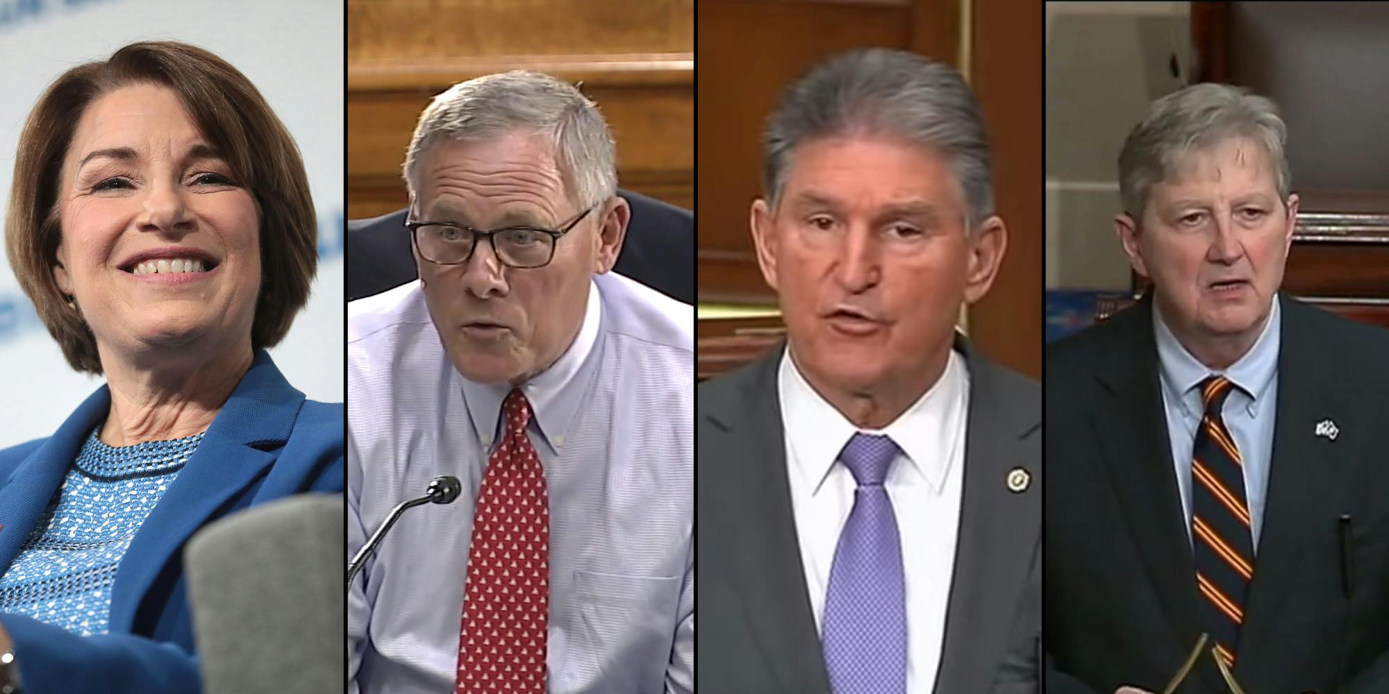 A side by side of Sen. Amy Klobuchar, Sen. Richard Burr, Sen. Joe Manchin, and Sen. John Kennedy, who all introduced a data privacy bill.