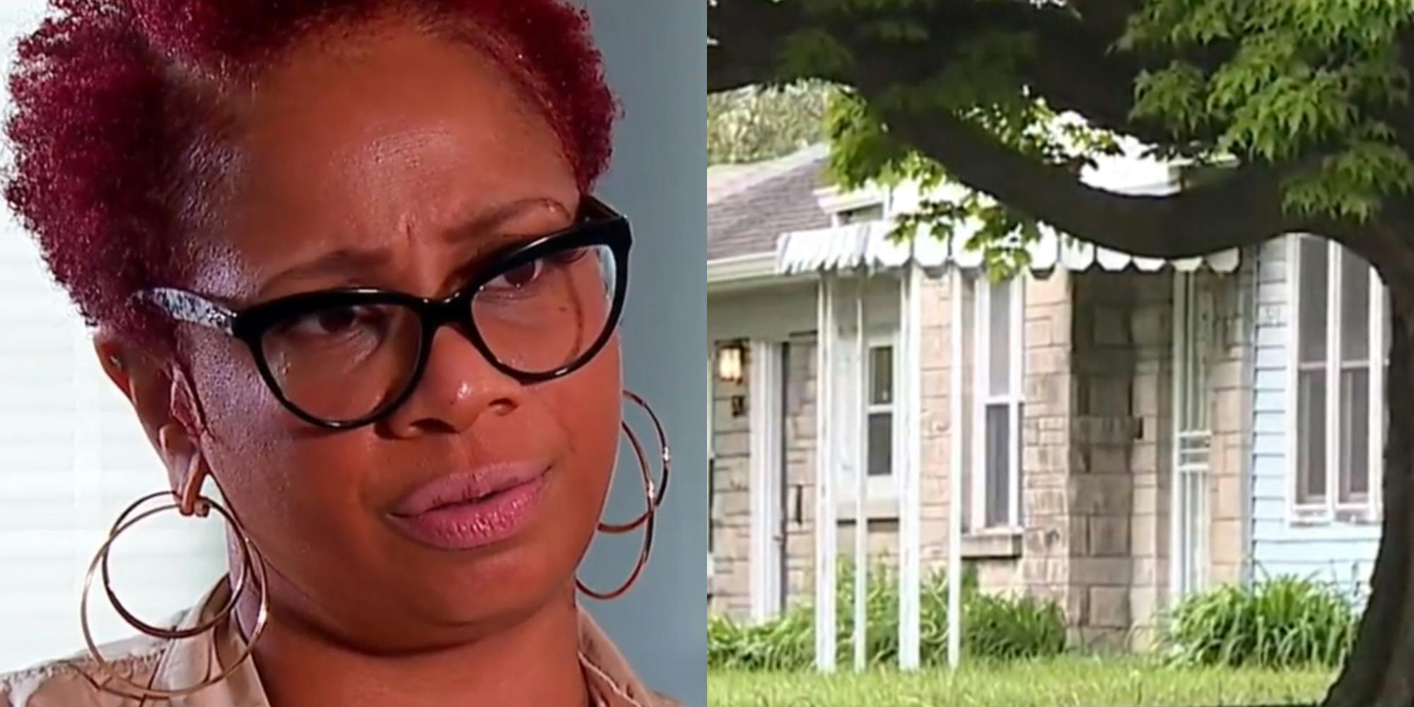 woman wearing glasses and earrings (l) house with stone facade and tree in yard (r)