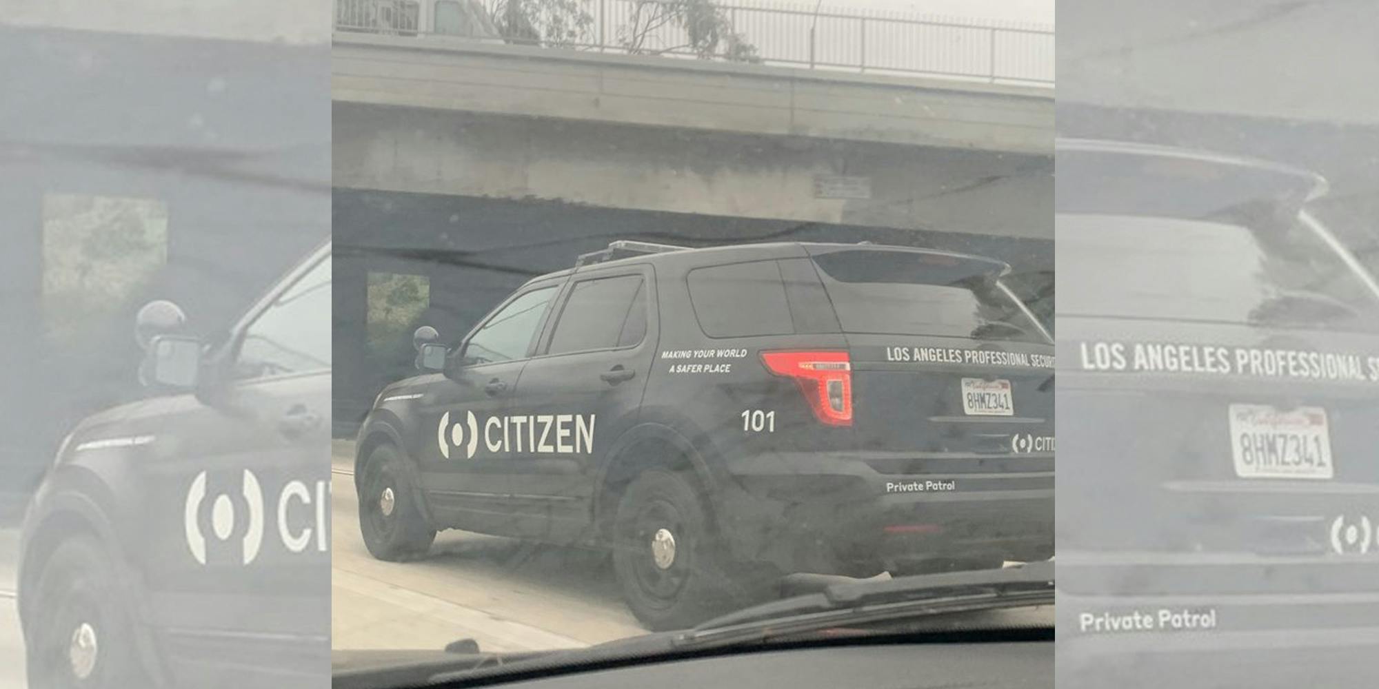 A photo taken on social media of a police-like car with Citizen app branding on it.