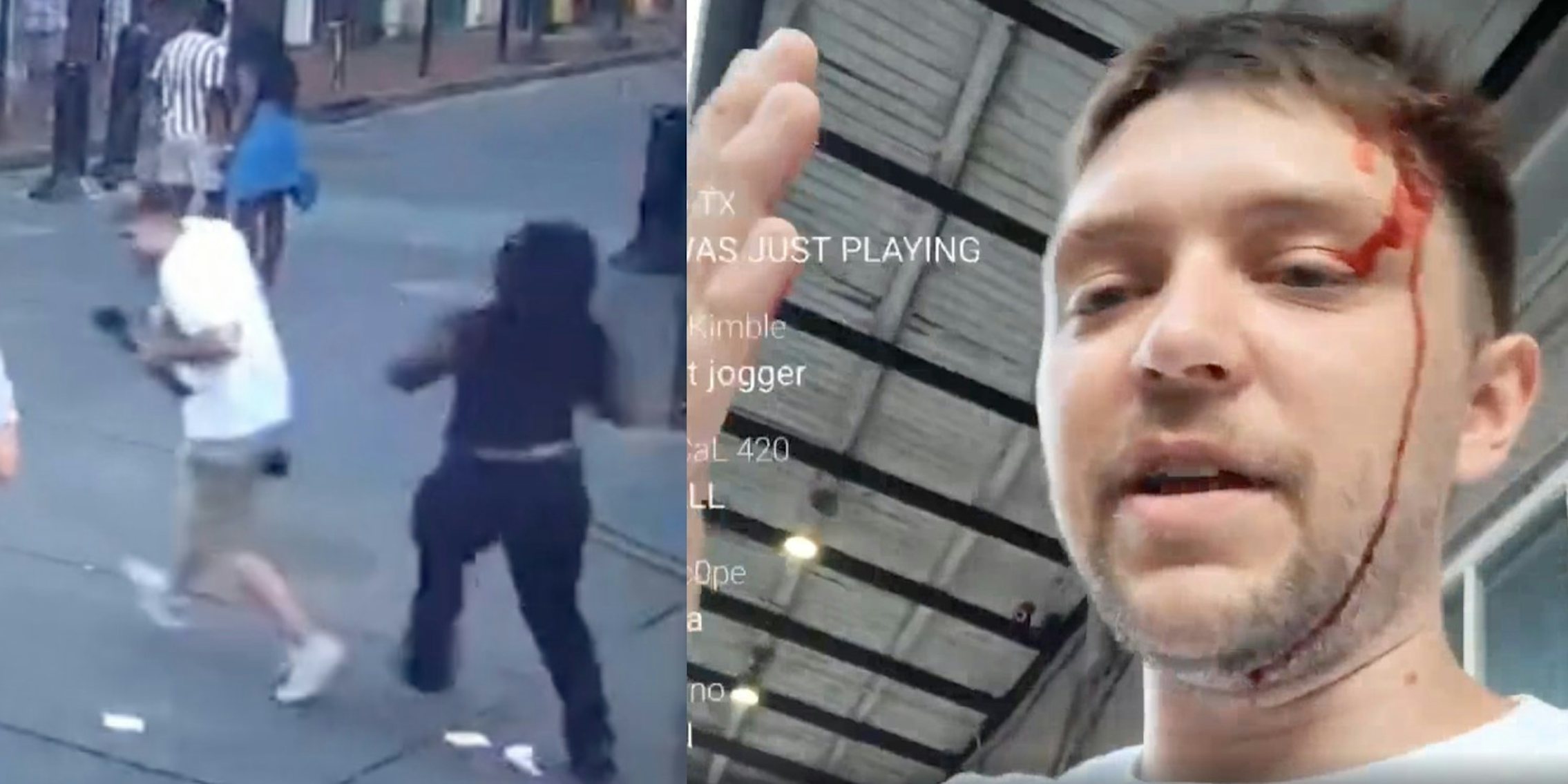 (L-R): Video shows Black security guard about to strike white streamer after he called her the N-word; the streamer complains about being assaulted