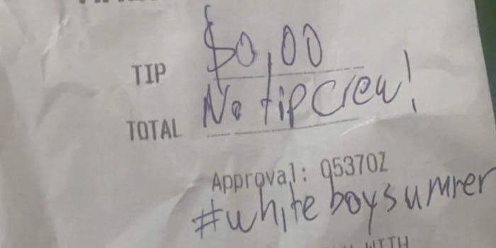 The tip on a $97.55 bill shows "No tip crew" and #whiteboysummer