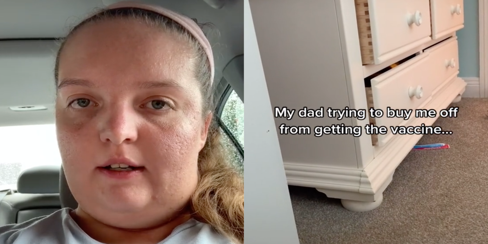 Screenshot from two of @appaloosauce's TikToks about her dad bribing her to not get the COVID-19 vaccine