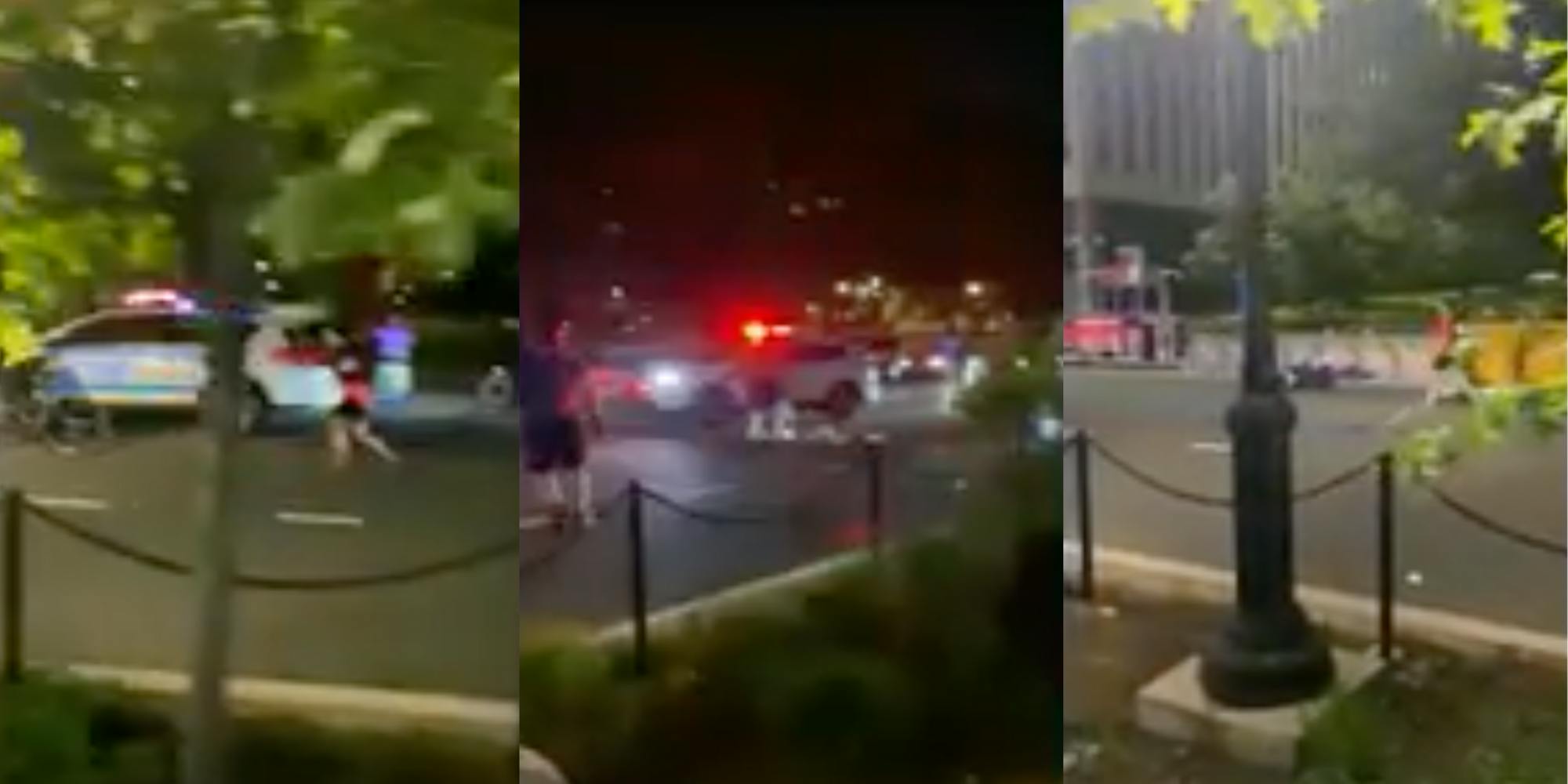 Three panel screenshot of a NYPD vehicle chasing after a car that injured two protesters during a George Floyd Rally in New York City