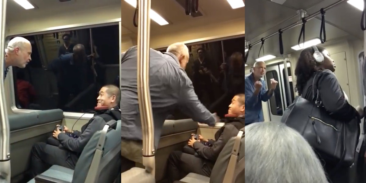 Drunken white man attacks Asian man on bus