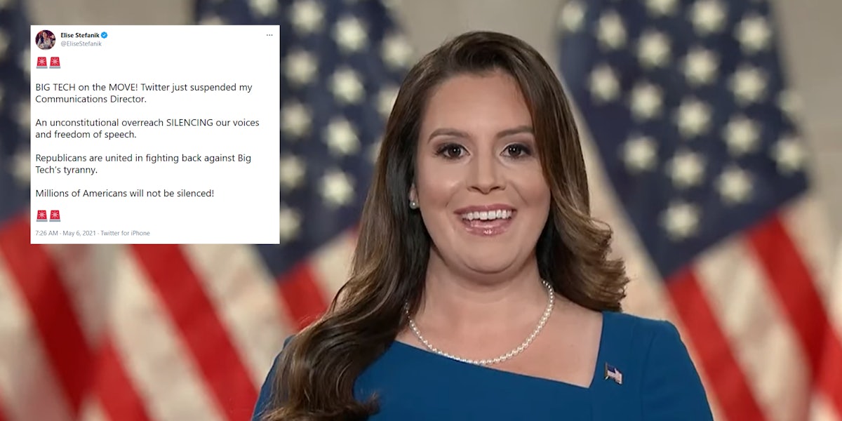 Elise Stefanik speaking at the RNC convention in 2020. Next to her is a tweet criticizing the suspension of her communications director on Twitter. The company said it was an error.