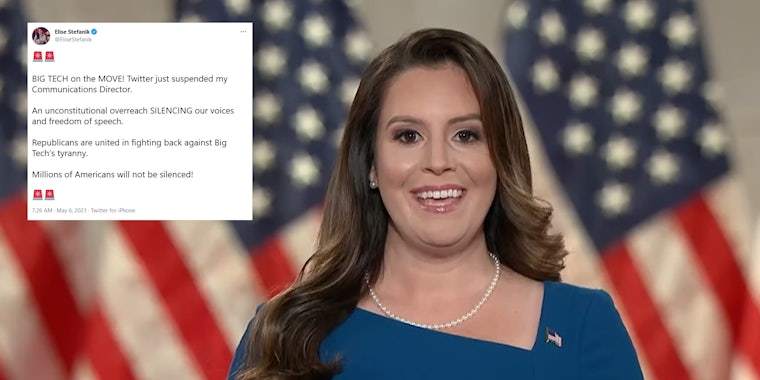 Elise Stefanik speaking at the RNC convention in 2020. Next to her is a tweet criticizing the suspension of her communications director on Twitter. The company said it was an error.