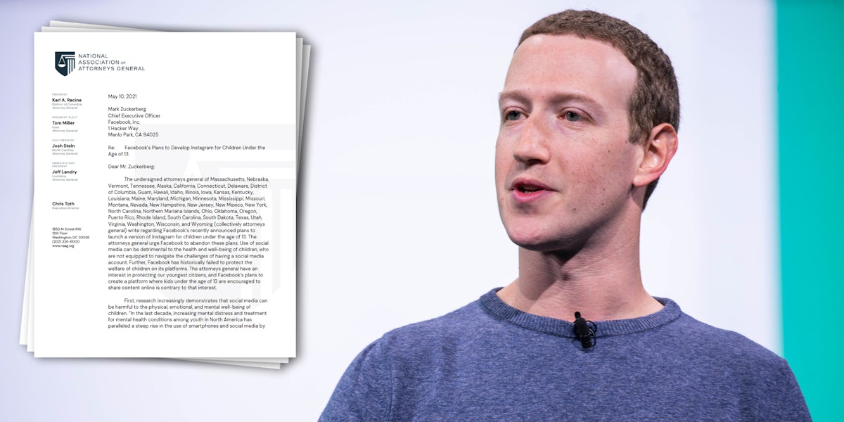 Facebook CEO Mark Zuckerberg next to a letter sent by 44 attorneys general slamming Facebook's plan to build an Instagram for kids.