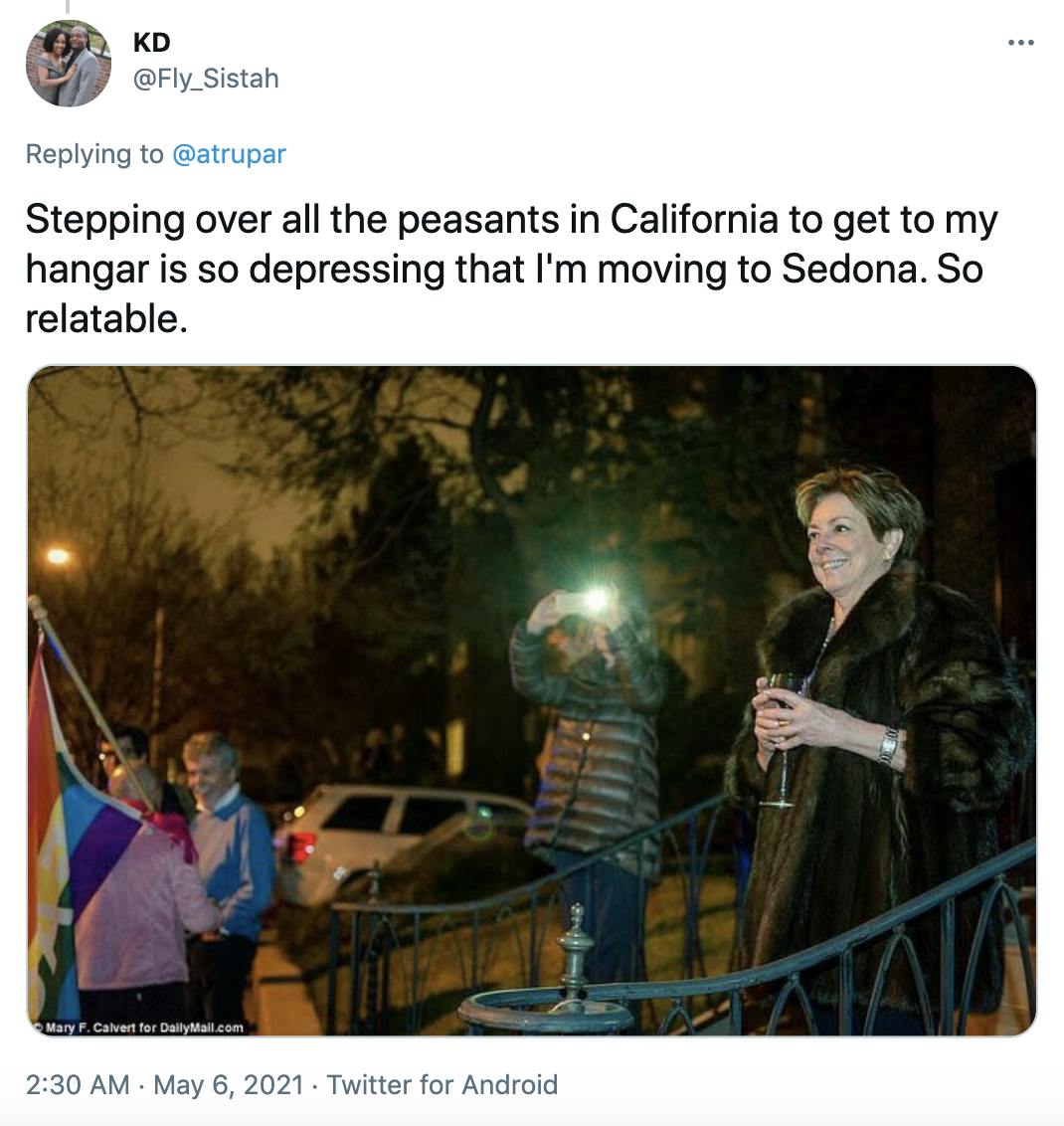 'Stepping over all the peasants in California to get to my hangar is so depressing that I'm moving to Sedona. So relatable.' picture of an older white woman with short dark hair in a fur coat, smirking as she drinks champagne looking down on people with a flag