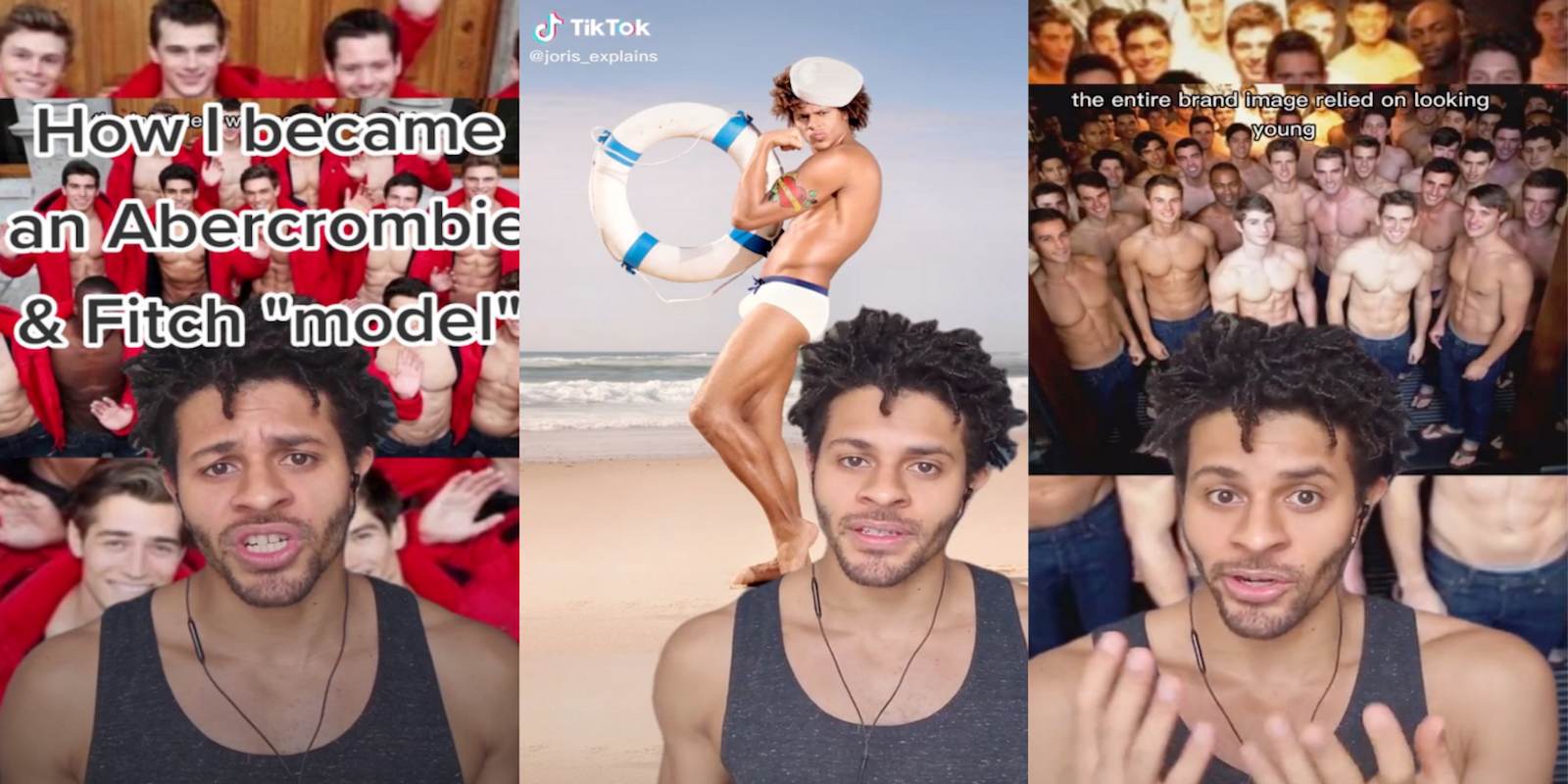 Screenshots from a TikTok of a former Abercrombie & Fitch model exposing the secrets and labor practices of the company
