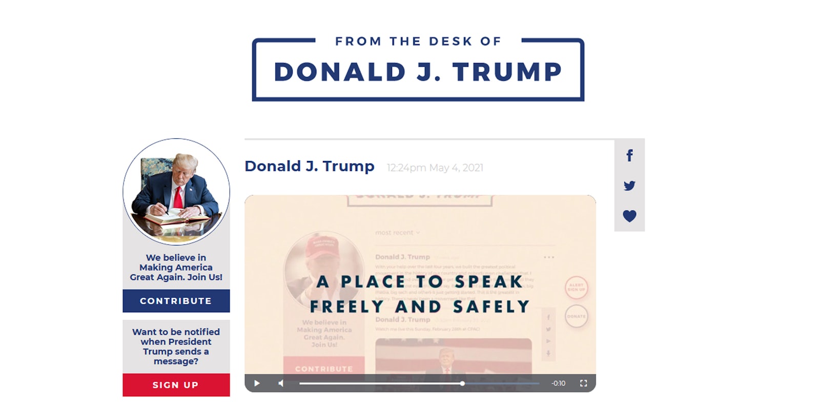 A screenshot of the 'From the Desk of Donald J. Trump' website.