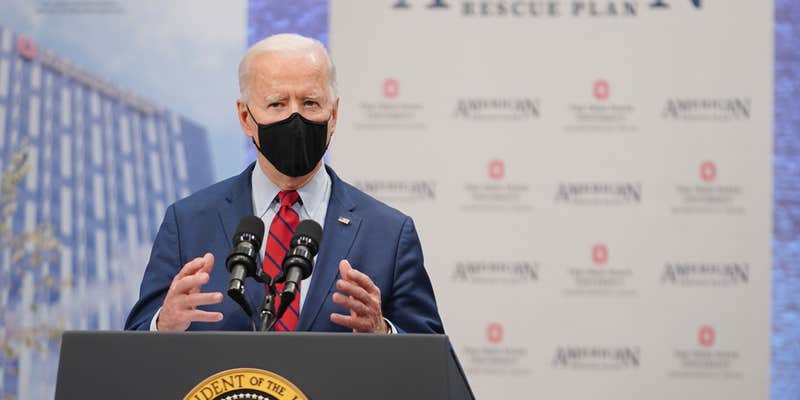 President Joe Biden speaking at a podium in March 2021.