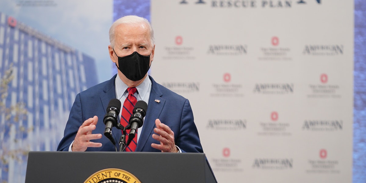 President Joe Biden speaking at a podium in March 2021.