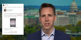 Sen. Josh Hawley speaking on TV. Next to him is a tweet mocking him for hawking his book criticizing big tech in a tweet that has an Amazon link.