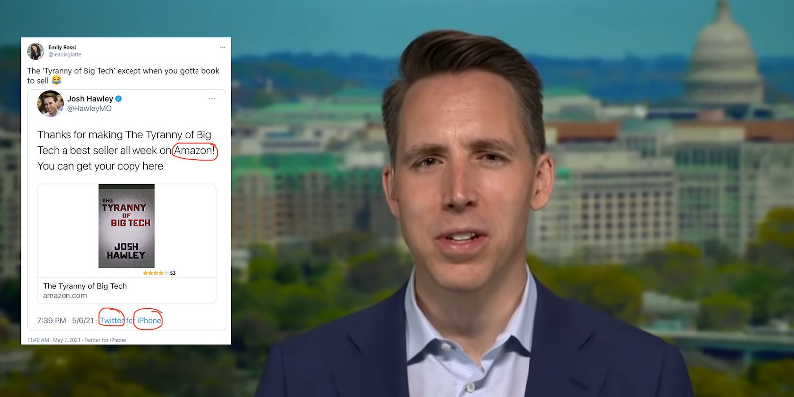 Sen. Josh Hawley speaking on TV. Next to him is a tweet mocking him for hawking his book criticizing big tech in a tweet that has an Amazon link.