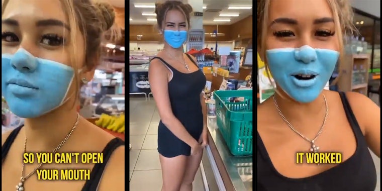 Leia Se with fake facemask made of makeup in grocery store