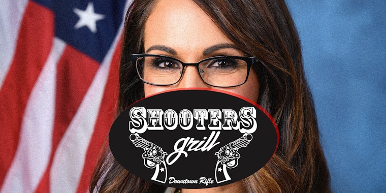 Lauren Boebert and the Shooters Grill logo.