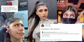 Three panel screenshots from various TIkToks from Mia Khalifa's account with a screenshot of a tweet that says her TikTok account was banned in Pakistan