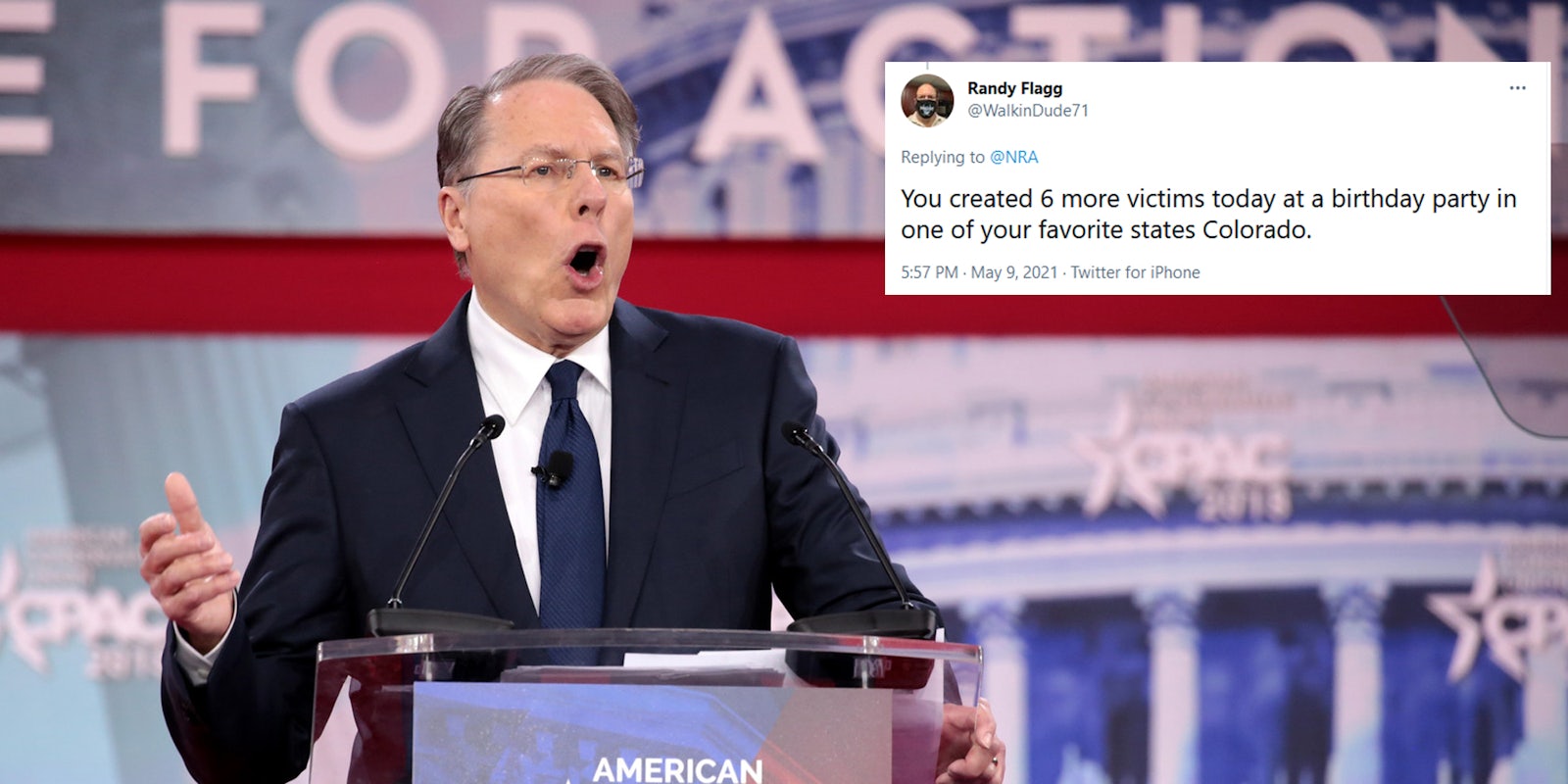NRA CEO Wayne LaPierre next to a tweet of someone criticizing their Mother's Day tweet.