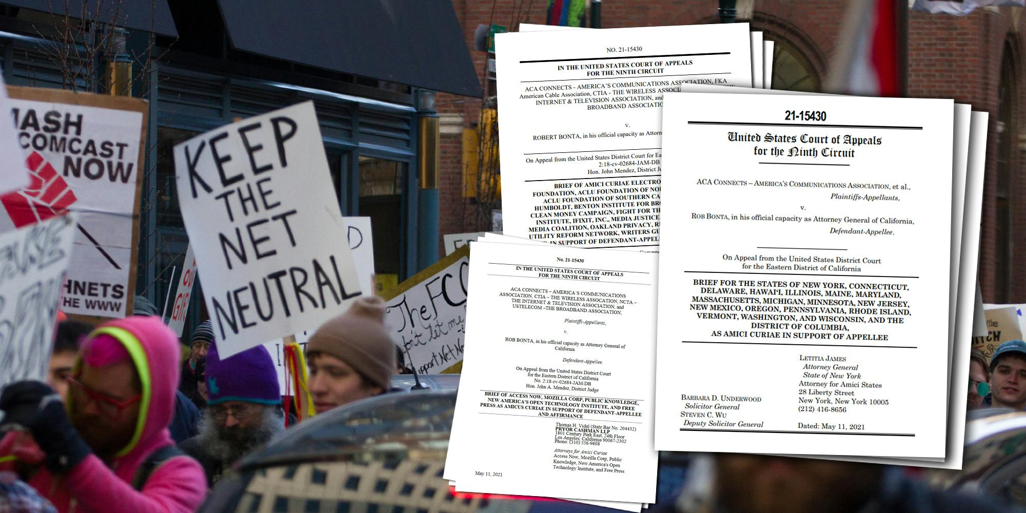 A protester advocating for net neutrality, holding a sign that says 'Keep the Net Neutral.' Next to them are three amici curiae filed in support of California's net neutrality law.