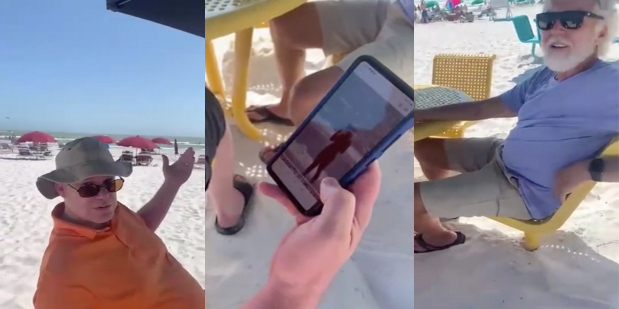 Two older men on a beach in Florida wearing an orange and purple shirt respectively confronted by a girl for taking photos of women in bikinis