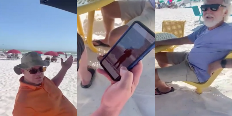 Two older men on a beach in Florida wearing an orange and purple shirt respectively confronted by a girl for taking photos of women in bikinis