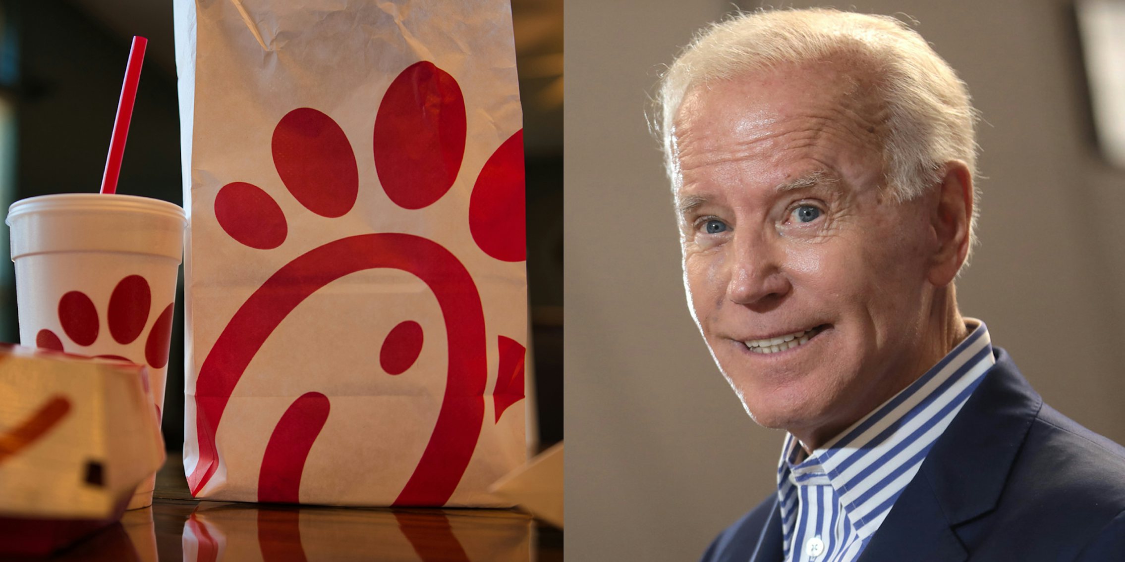 A meal from Chick-fil-A side by side with a picture of Joe Biden smiling.