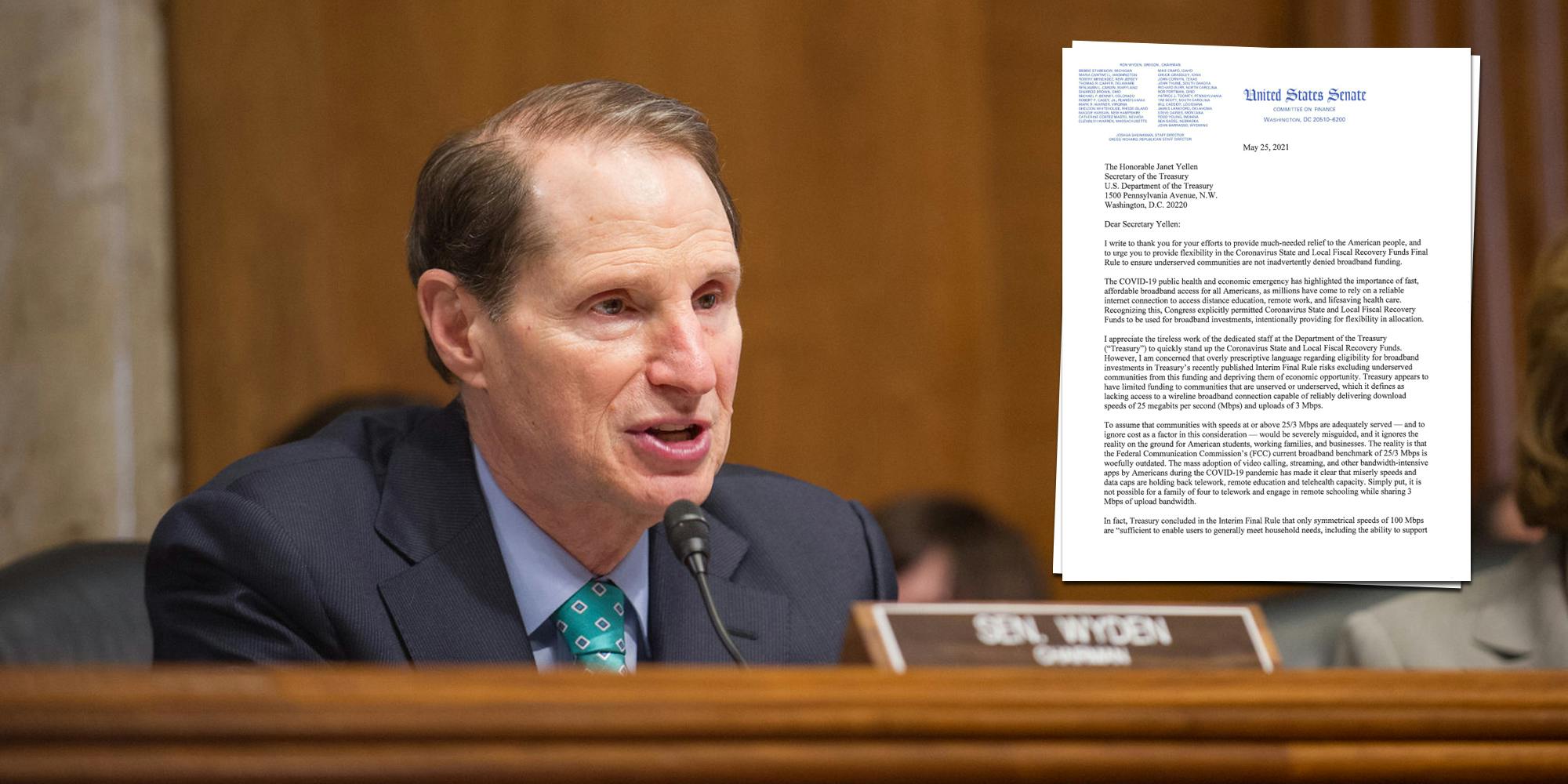 Sen. Ron Wyden speaking in Congress. Next to him is a screenshot of a letter he wrote to the Treasury Department regarding its broadband speed requirements for American Rescue Plan funding.