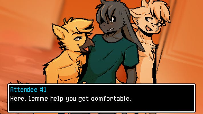A cutscene from popular queer itch.io nsfw game Tailbound