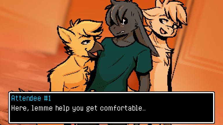 A cutscene from popular queer itch.io nsfw game Tailbound