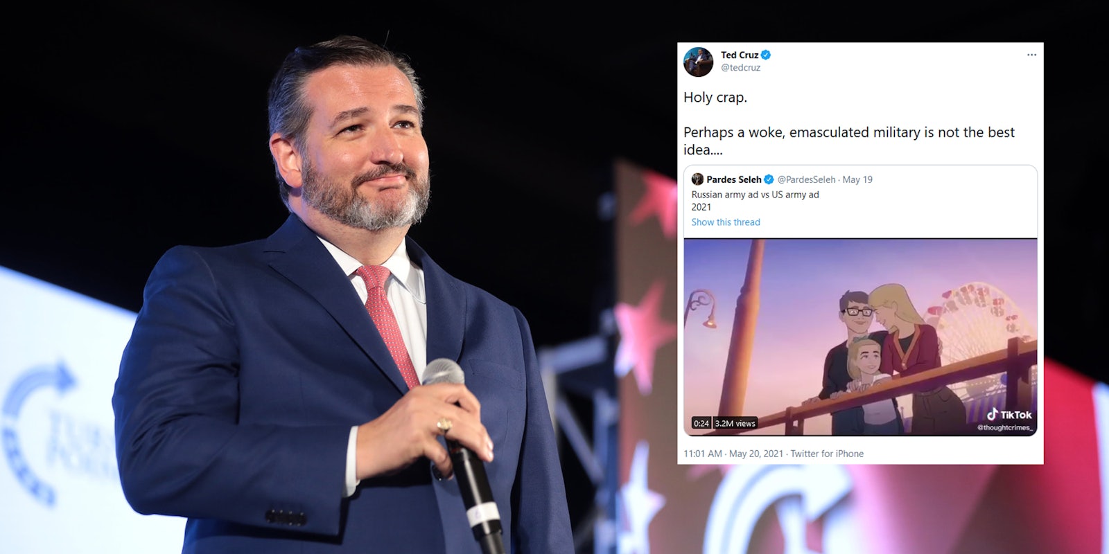 Sen. Ted Cruz next to a tweet he sent where he called the U.S. military 'emasculated' and linked to a video of a Russian ad for its military.