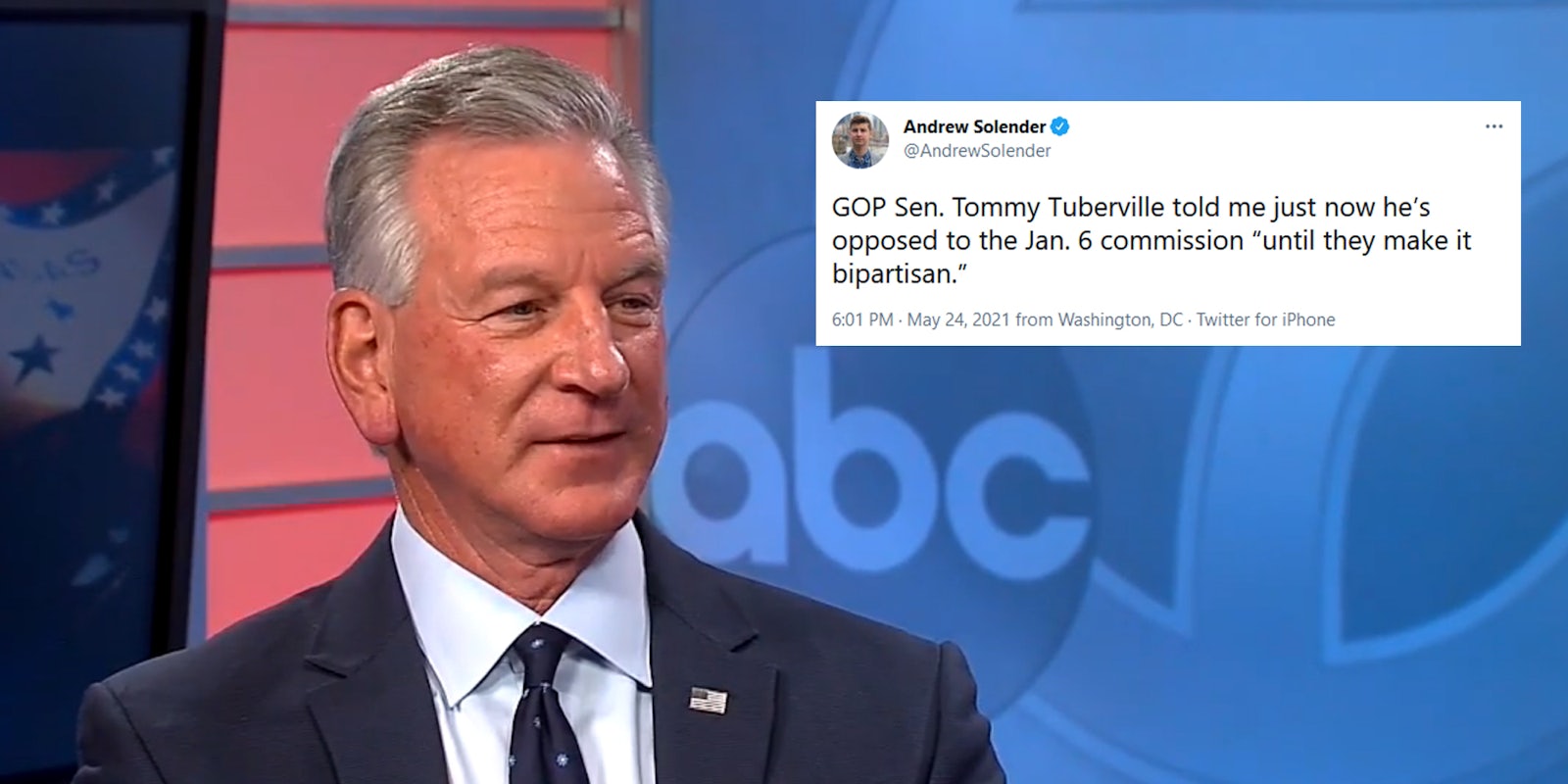 Sen. Tommy Tuberville doing a TV interview. Next to him is a tweet from a reporter quoting him as saying that he won't vote for a Capitol riot commission unless it is bipartisan, which it is.