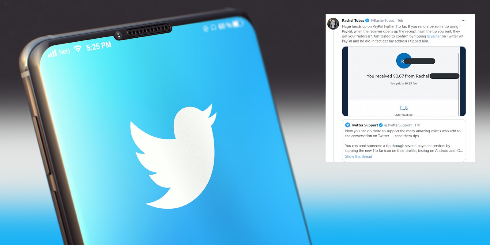 The Twitter logo on the screen of a smartphone. Next to it is a tweet from Rachel Tobac showing a privacy issue when using PayPal for Twitter's new Tip Jar function.